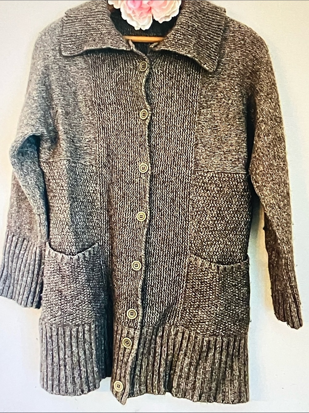 Eileen Fisher Marled Taupe Button-Front Knit Cardigan